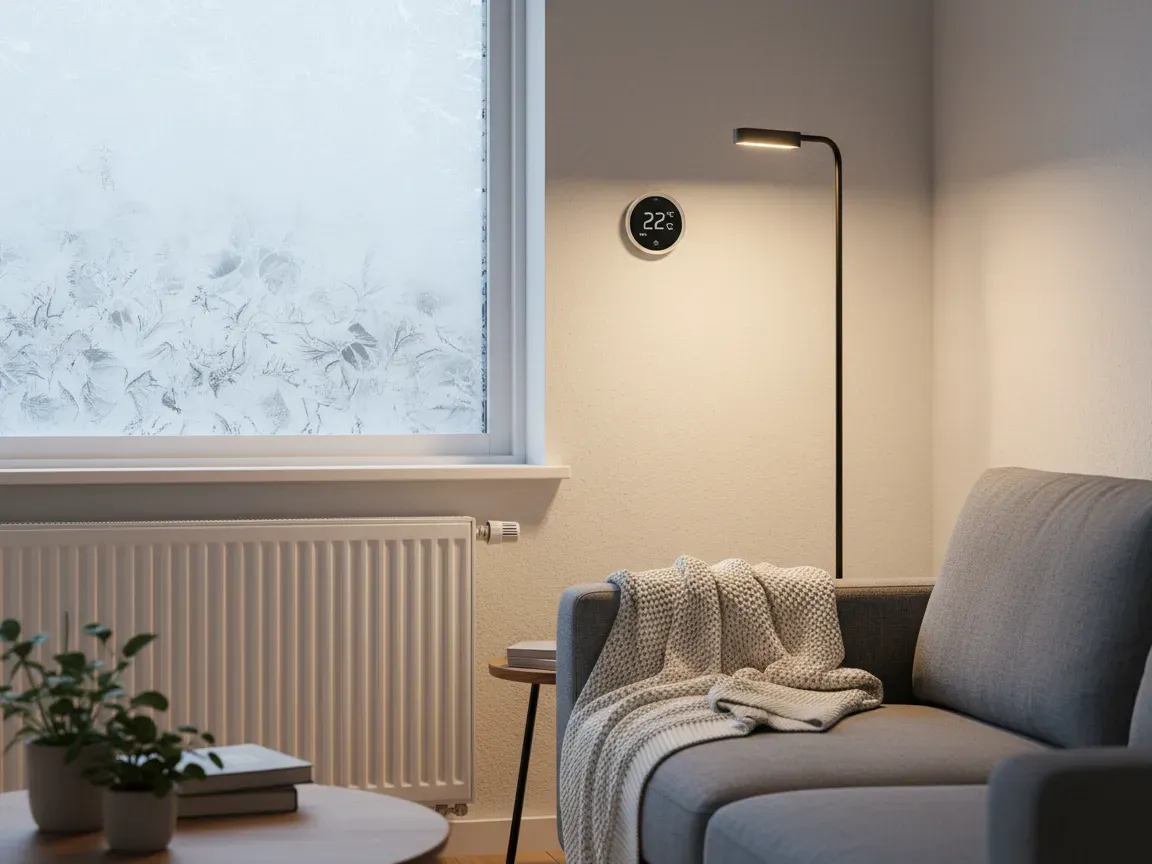 Przytulny zimowy salon z nowoczesnym kaloryferem pod oszronionym oknem, ciepłą lampą LED, kocem na kanapie i inteligentnym termostatem na ścianie.