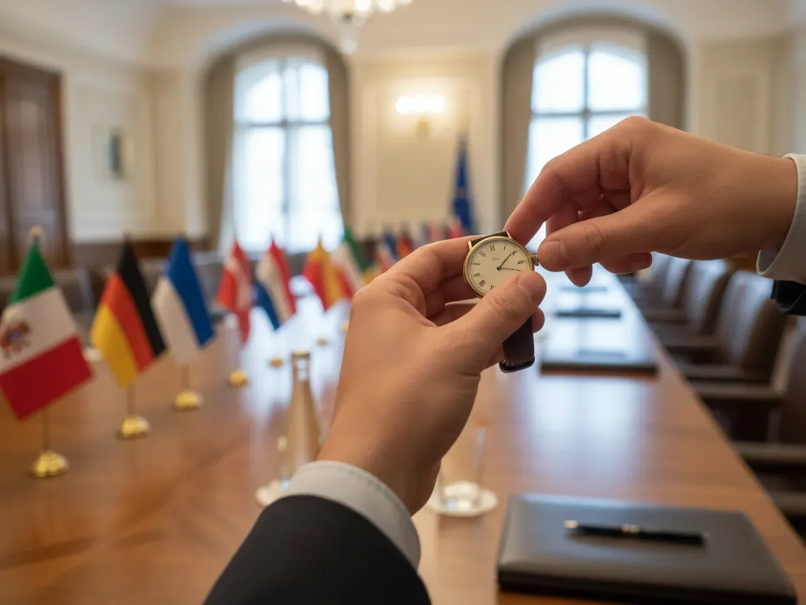 Zbliżenie dłoni regulującej koronkę vintage zegarka, w rozmytym tle sala konferencyjna UE z flagami na drewnianym stole.